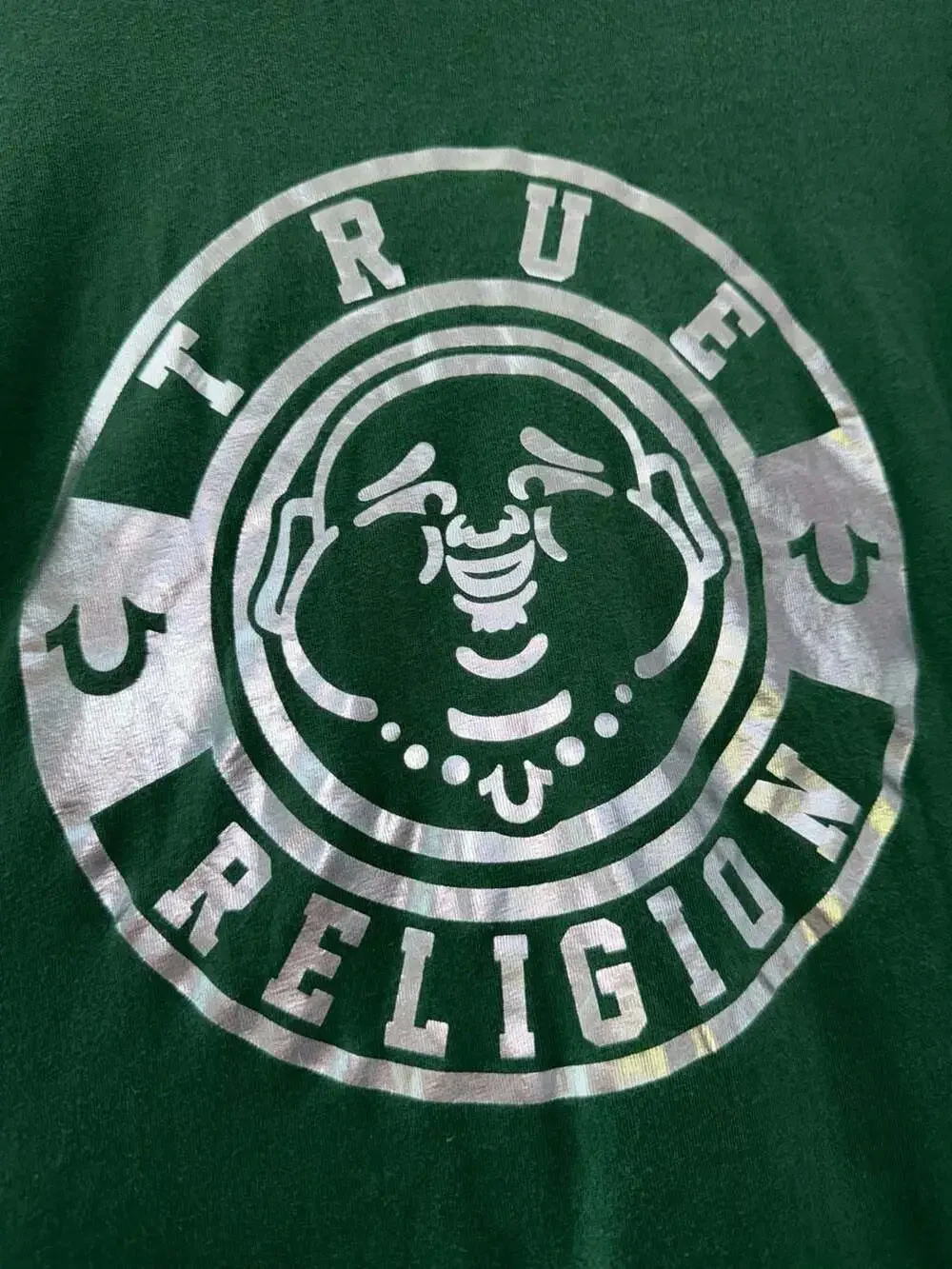 True Religion Buddha Face Graphic Tee Green & Silver Mens Size S